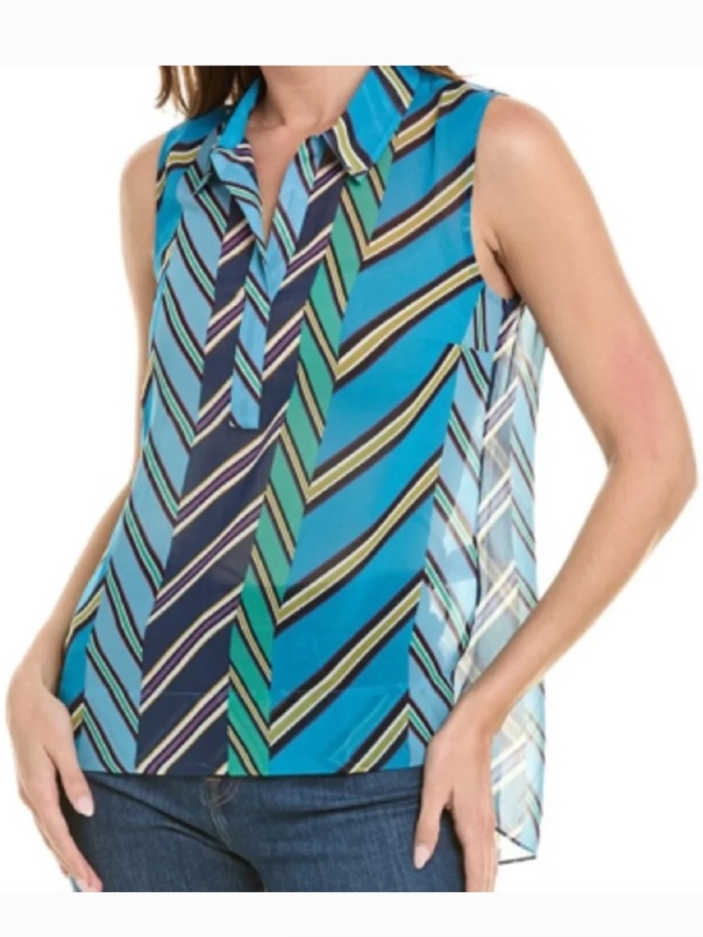 CAbi Chevron Ascot Sleeveless Blouse Tank Top Semi Sheer #3780 Size Small (S)